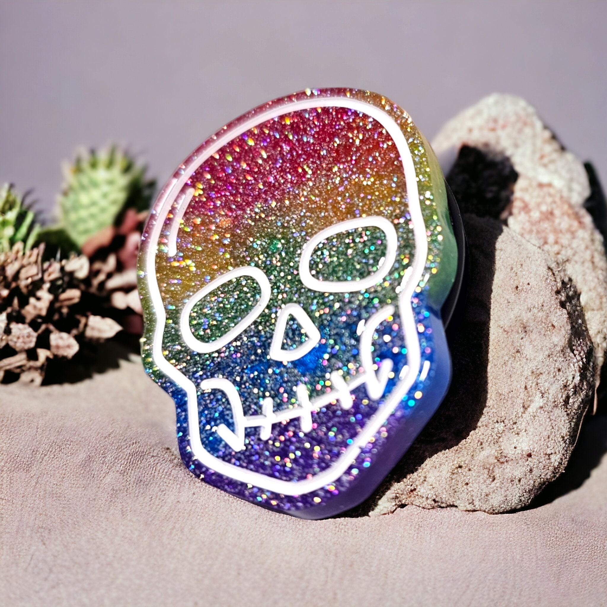 Glitter Rainbow Skull Phone Grip: Magnetic Accessory Option - Image 3