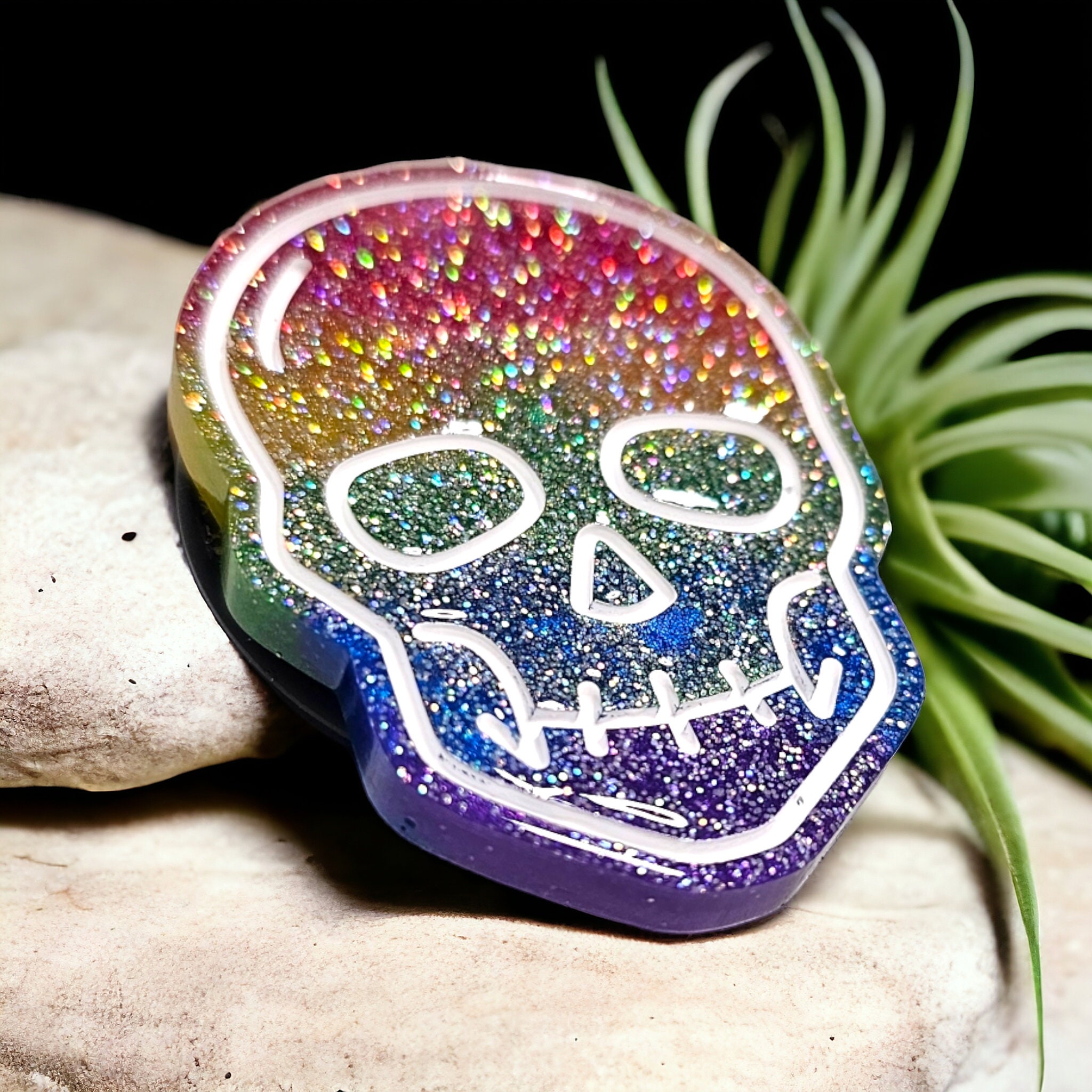 Glitter Rainbow Skull Phone Grip: Magnetic Accessory Option
