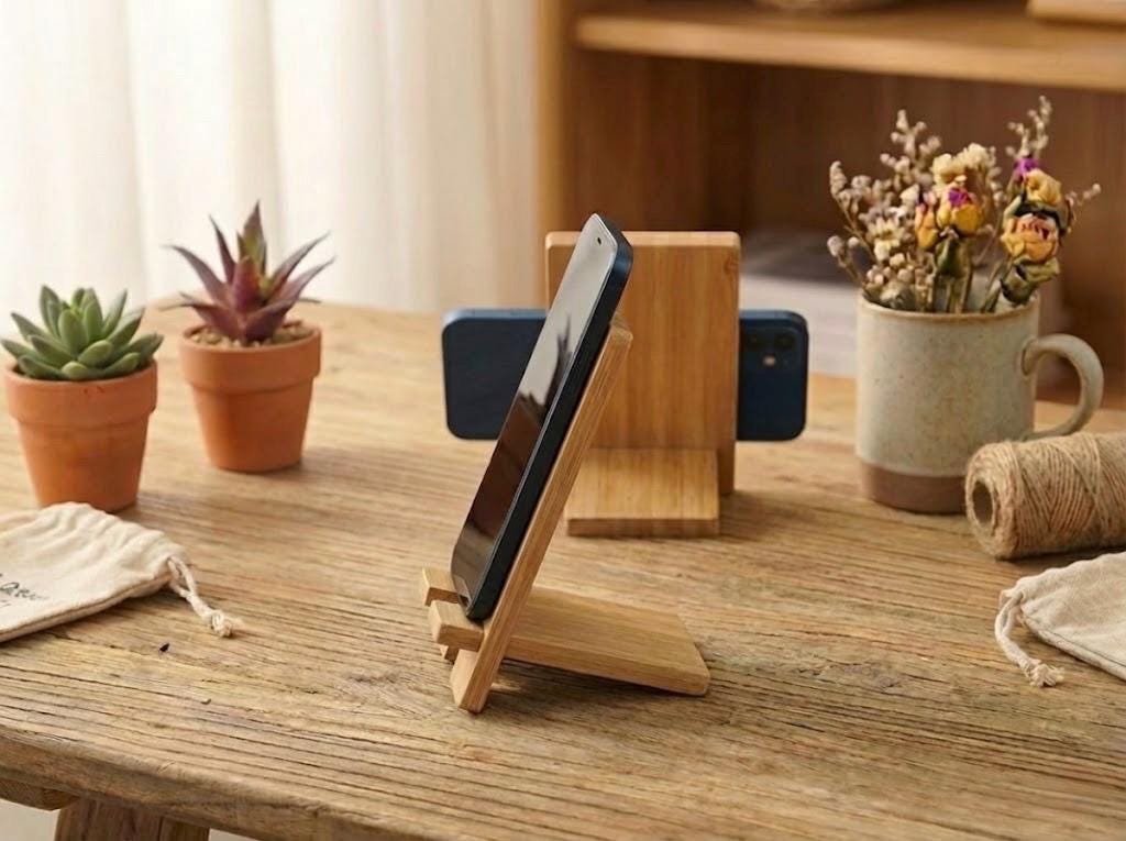 Adjustable Wooden Phone Stand with Charging Cable Slot - Image 4