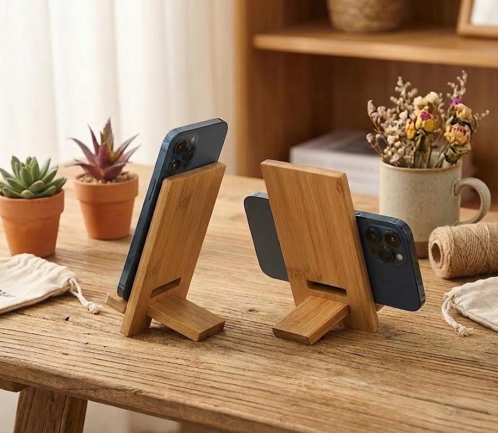 Adjustable Wooden Phone Stand with Charging Cable Slot - Image 2