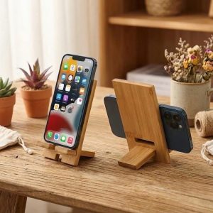 Adjustable Wooden Phone Stand with Charging Cable Slot