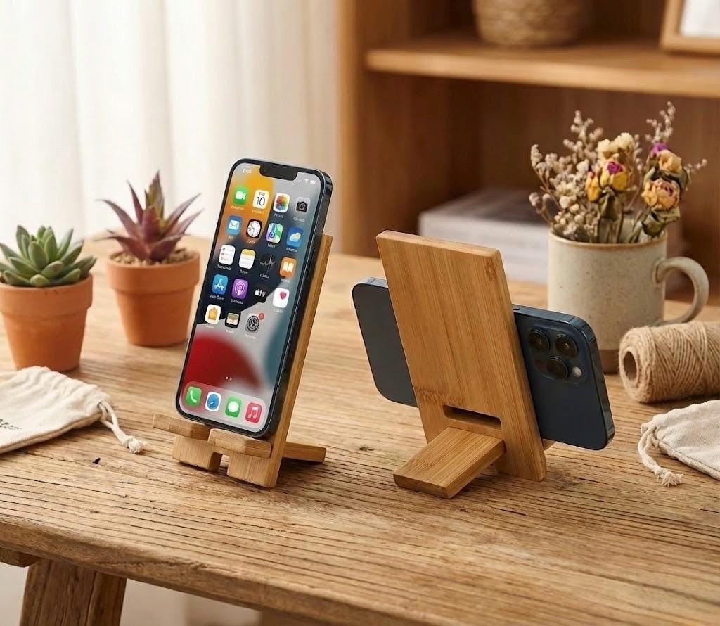 Adjustable Wooden Phone Stand with Charging Cable Slot