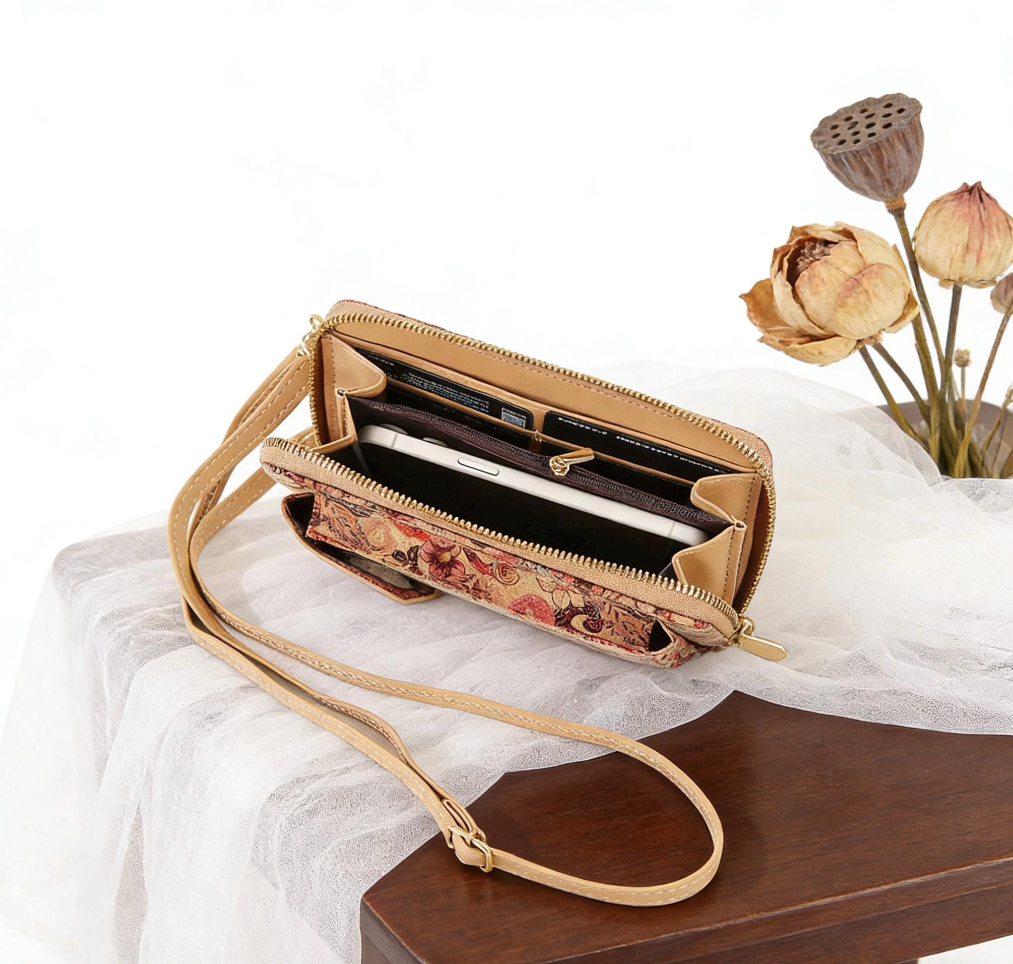 Vintage Cork Crossbody Phone Bag with Adjustable Strap - Image 2