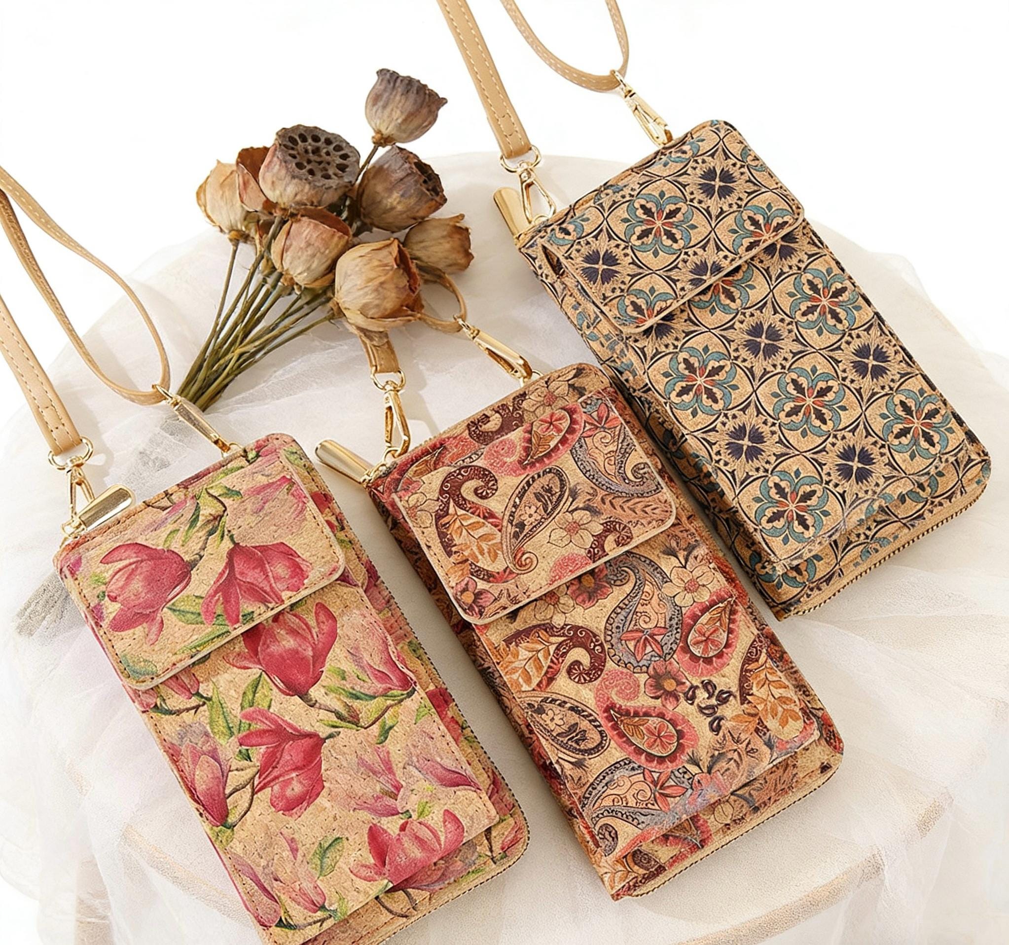 Vintage Cork Crossbody Phone Bag with Adjustable Strap