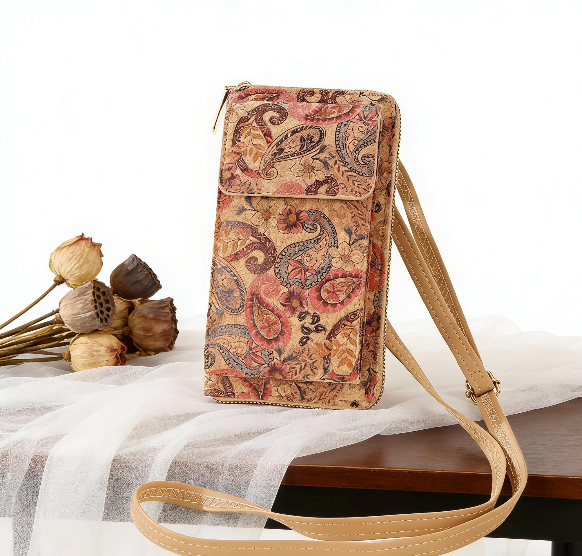 Vintage Cork Crossbody Phone Bag with Adjustable Strap - Image 4