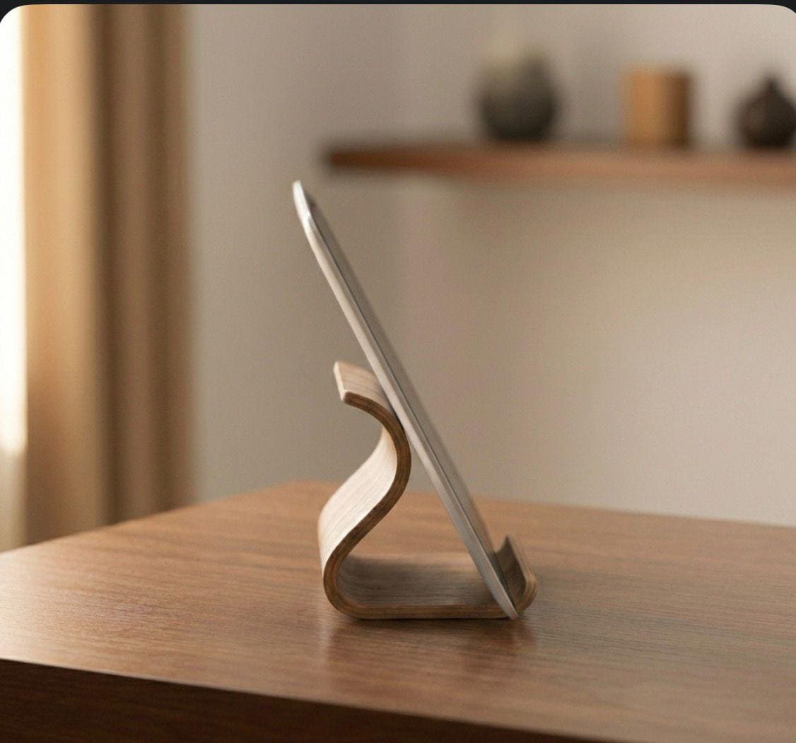 Curved Walnut Wood Phone Tablet Stand, Minimalist Desk Organizer - Image 3