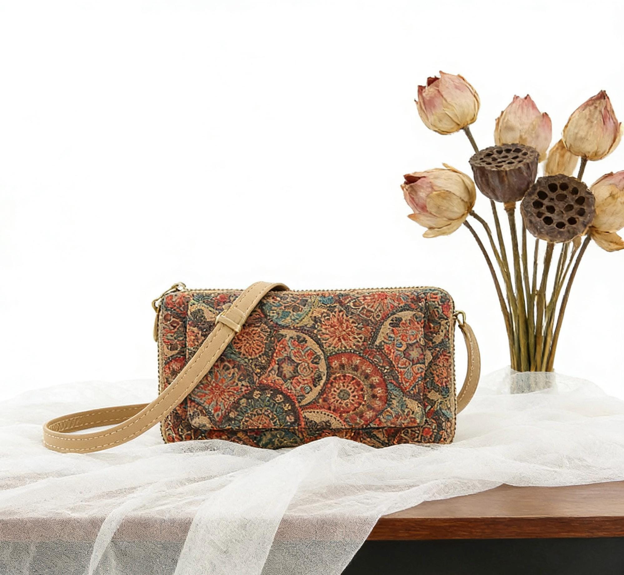 Vintage Cork Crossbody Phone Bag with Adjustable Strap - Image 3