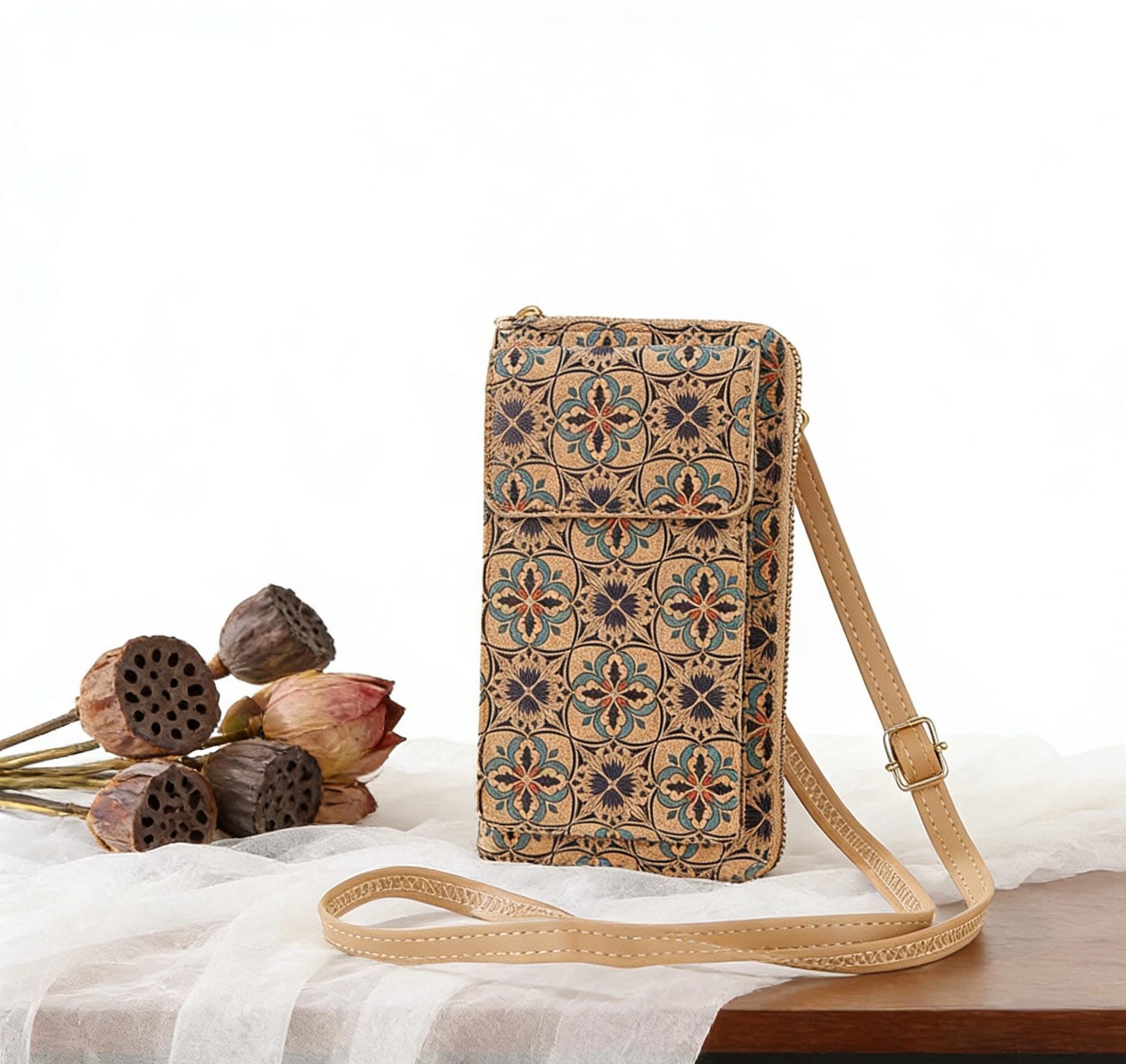 Vintage Cork Crossbody Phone Bag with Adjustable Strap - Image 5