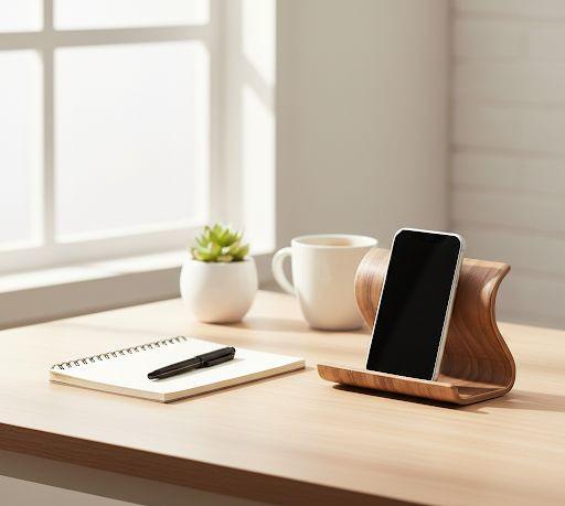 Curved Walnut Wood Phone Tablet Stand, Minimalist Desk Organizer - Image 5
