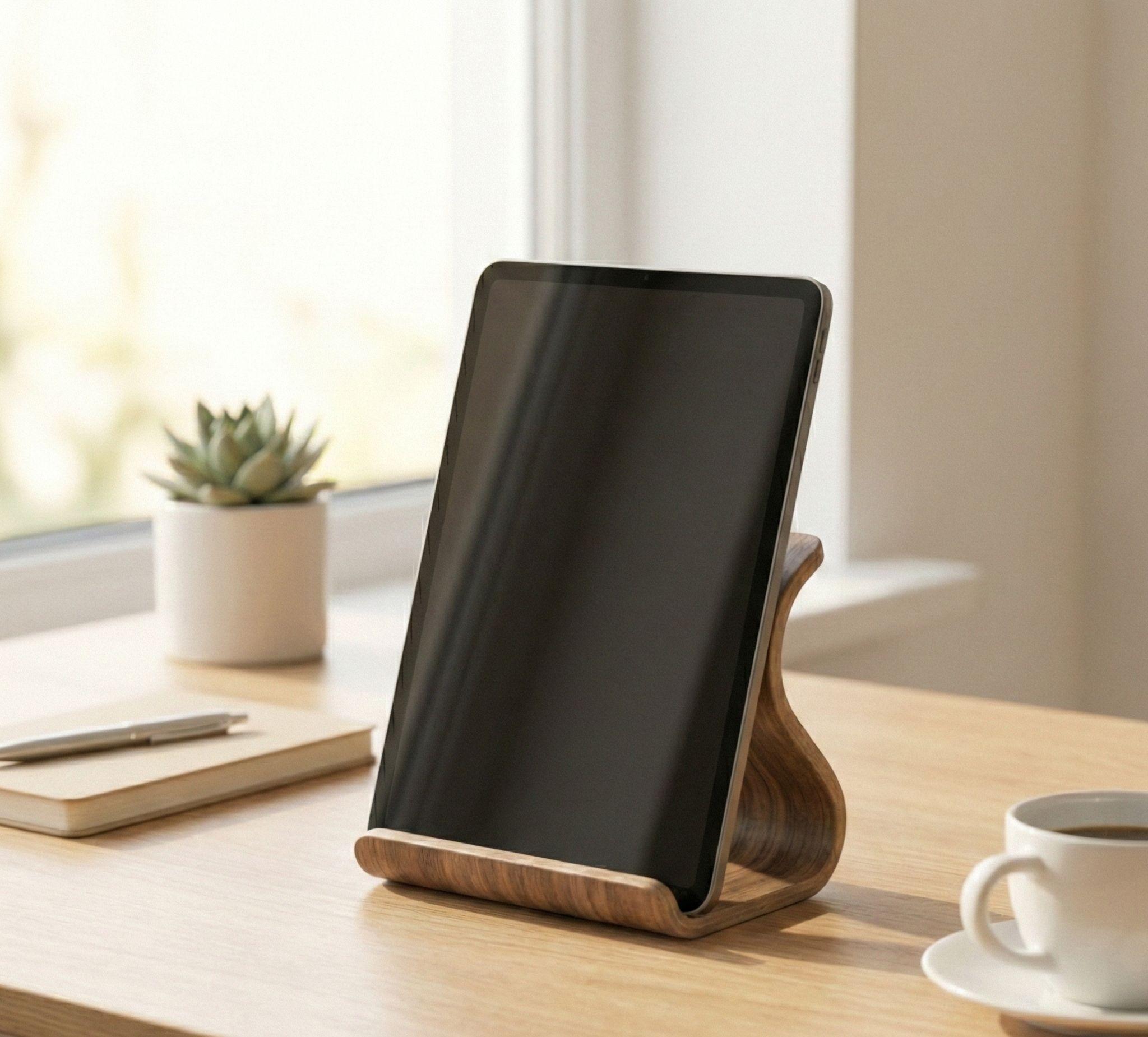 Curved Walnut Wood Phone Tablet Stand, Minimalist Desk Organizer - Image 4