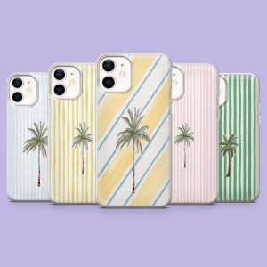 Palm Tree Phone Case Simple Stripes Cover for iPhone 17Pro, 16, 15, 14, 13, 12, Samsung S26, S25, S24, S23Fe, A16, A56, Pixel 10, 9Pro