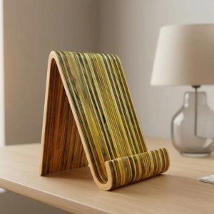 Wood Tablet Stand – Sculptural iPad Holder – Laminated Hardwood Desk Decor – Minimalist Office Accessory –