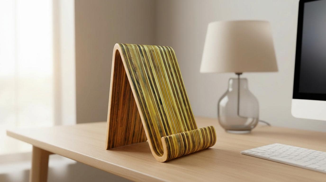 Wood Tablet Stand – Sculptural iPad Holder – Laminated Hardwood Desk Decor – Minimalist Office Accessory –