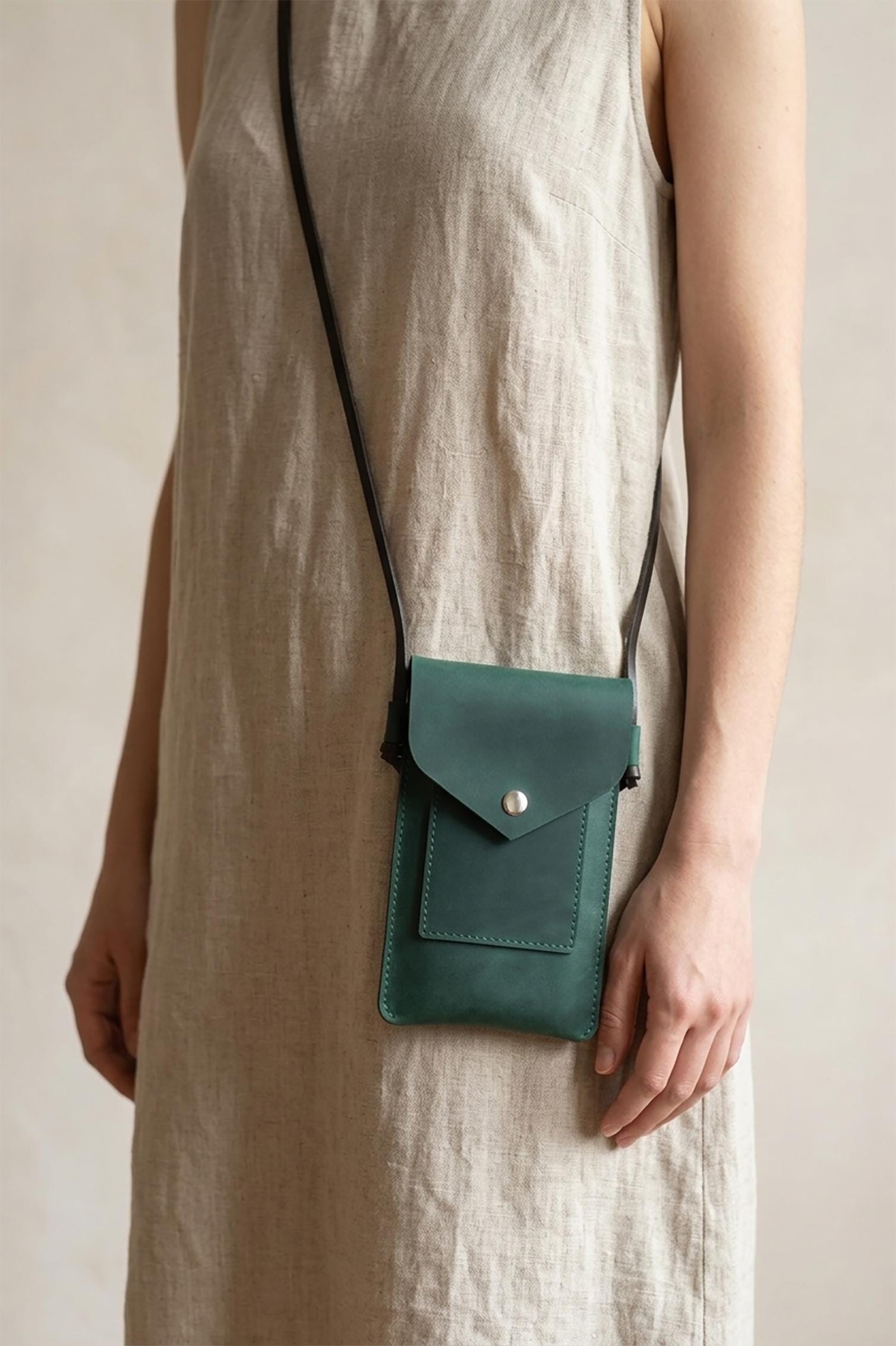 Minimalist Leather Crossbody Phone Bag, Slim Mobile Pouch Wallet, Everyday Sling Case
