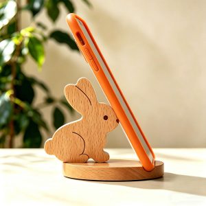 Wooden Bunny Phone Stand Natural Beech Wood Desktop Holder
