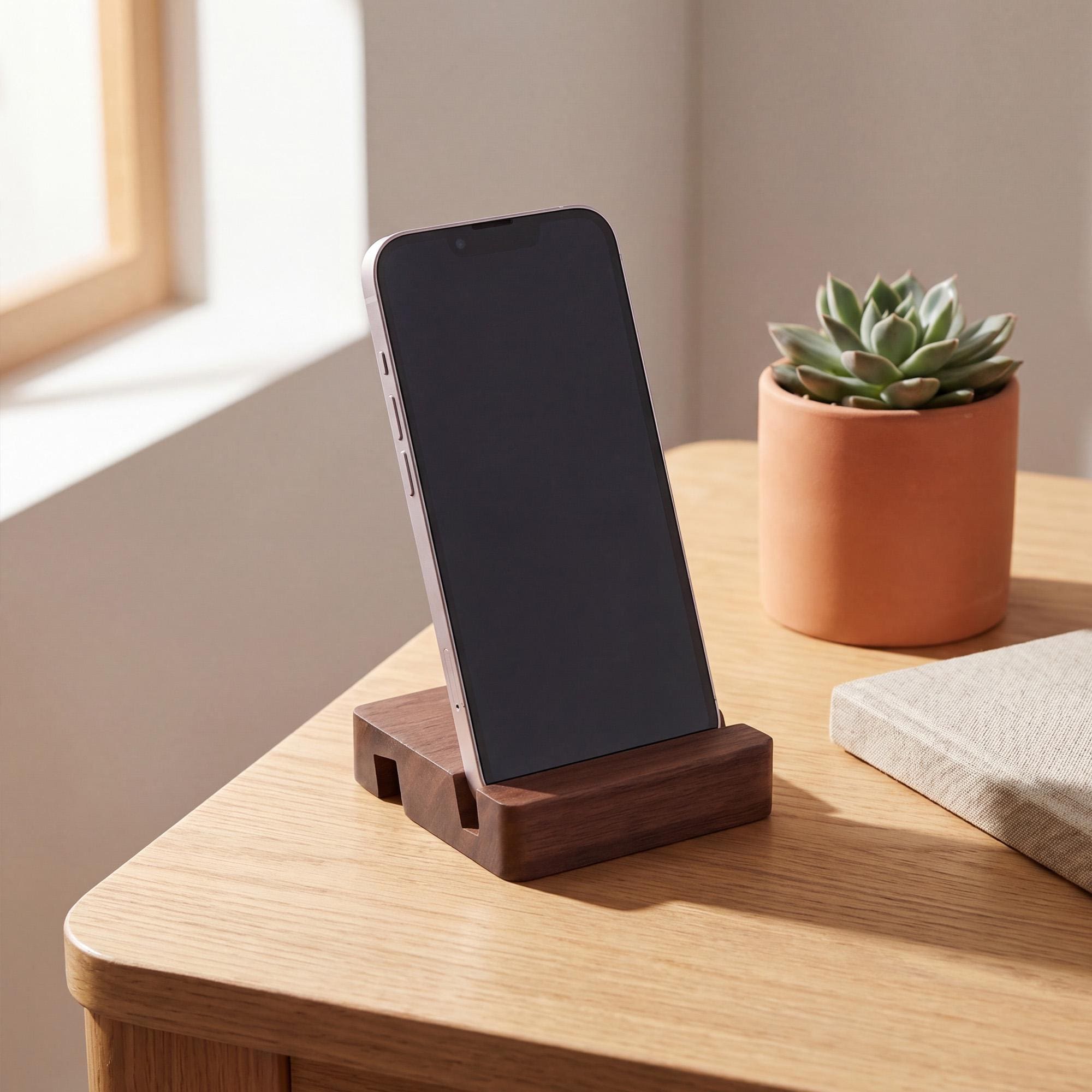 Personalized Gift Wooden Phone Stand, Dual Slot Desk Stand for Phone & Tablet, Solid Walnut or Beech, Work From Home Desk Accessory - Image 3