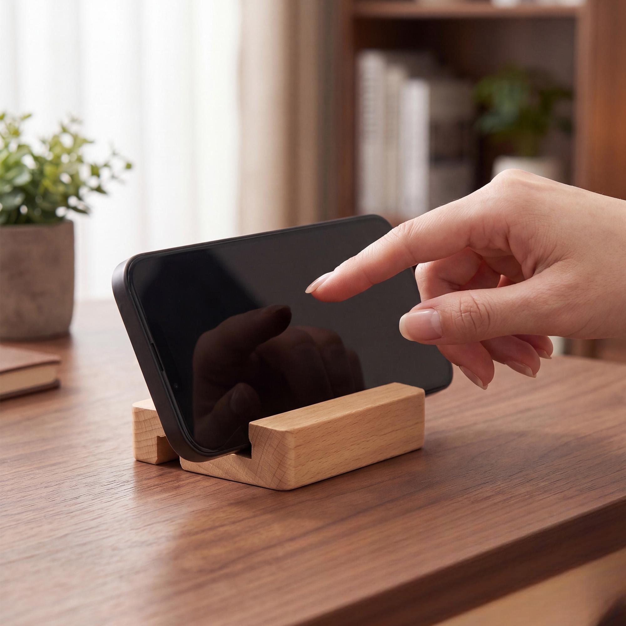 Personalized Gift Wooden Phone Stand, Dual Slot Desk Stand for Phone & Tablet, Solid Walnut or Beech, Work From Home Desk Accessory - Image 2