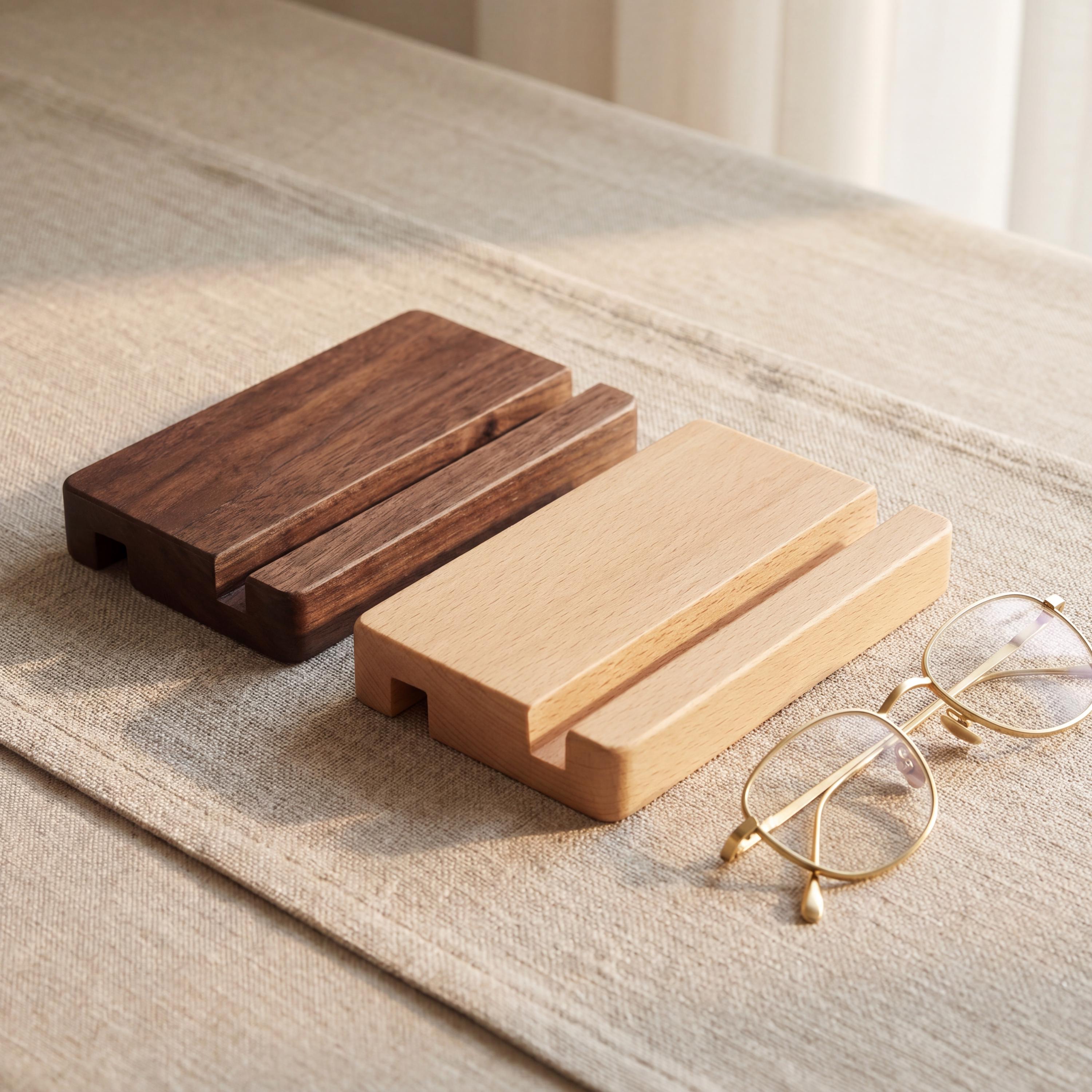 Personalized Gift Wooden Phone Stand, Dual Slot Desk Stand for Phone & Tablet, Solid Walnut or Beech, Work From Home Desk Accessory