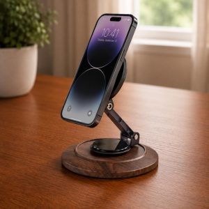 Rotatable Phone Stand | Walnut Wood & Metal | 360 Magnetic Suction | Desktop Organizer | Minimalist Desk Decor | Phone Holder Gift