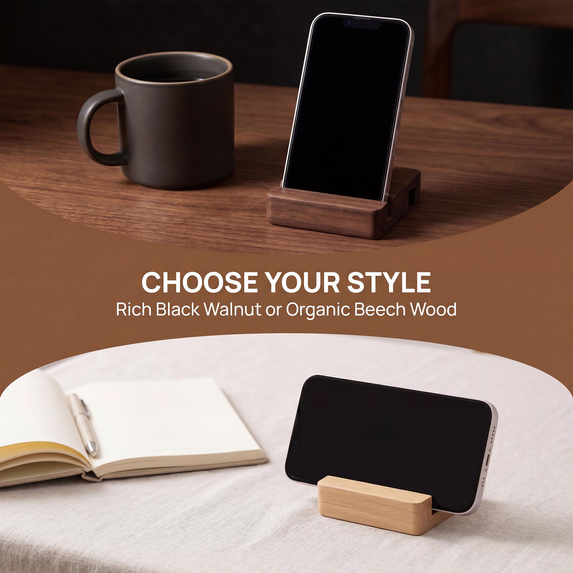 Personalized Gift Wooden Phone Stand, Dual Slot Desk Stand for Phone & Tablet, Solid Walnut or Beech, Work From Home Desk Accessory - Image 8