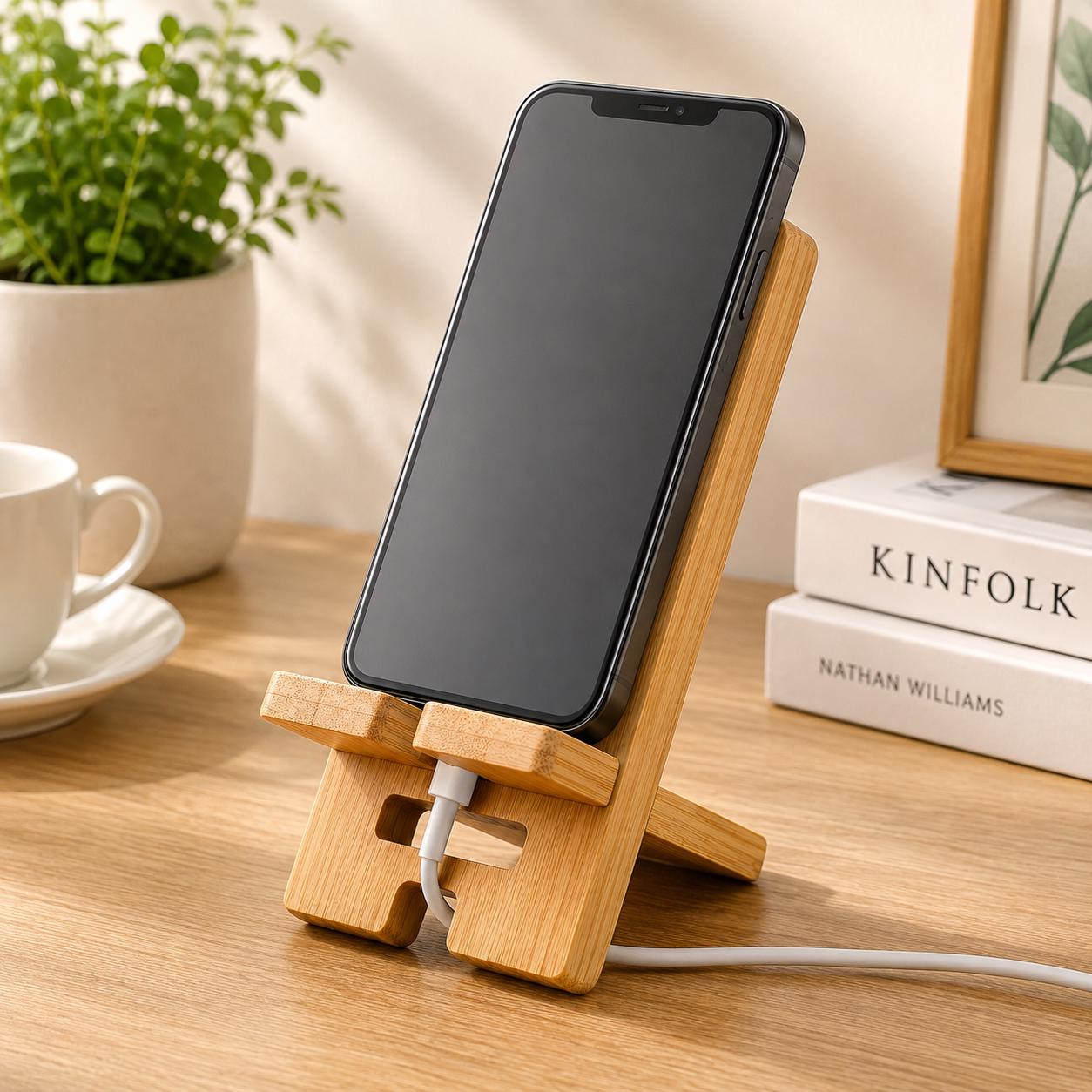Wooden Phone Stand, Adjustable Smartphone Holder, Desktop Tablet Stand, Charging Dock Organizer